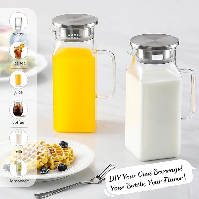 Netany 2 Pack 1.2 Liters/40 oz Small Square Glass Pitcher with Lid and Handle for Fridge Iced Tea and Coffee Carafe Storage Container Resistant to Hot and Cold Borosilicate Jug