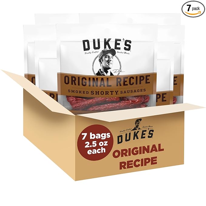 Duke's Pork Original Smoked Shorty Sausages 7g Protein Per Serving Easter Basket Stuffer for Men 2.5 oz. Snack Bags (Pack of 7)