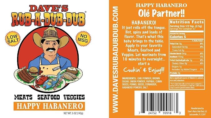 Dave's Rub a Dub Dub Happy Habanero Seasoning Low Sodium Dry Rub BBQ Spice Blend for Meats Seafood Veggies 5 OZ Shaker Bottle 6 Pack