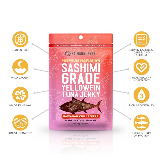 Kaimana Ahi Tuna Jerky Hawaiian Chili Pepper - Soft and Tasty - Premium Fish Jerky Made in the USA. High in Omega 3's All Natural and Wild Caught - 2 Ounce (Pack of 3)