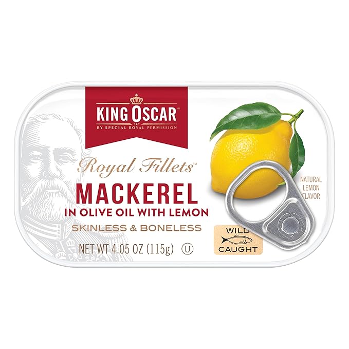 King Oscar Mackerel in Olive Oil with Lemon 4.05 Ounce Cans (Pack of 12 Packaging May Vary) Skinless &amp Boneless Wild Caught Canned Mackerel