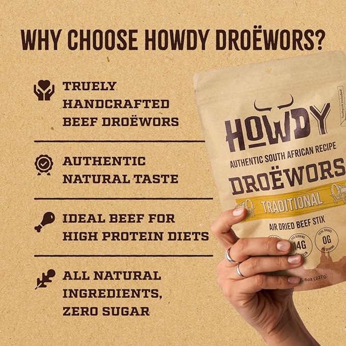 Howdysnax Handcraft Authentic Small Batch Droëwors Beef Sticks Sugar Free Soy Free Paleo &amp Keto Friendly Snack (Two 8oz Packs)