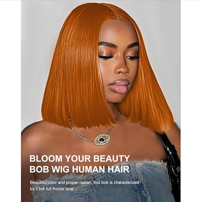 250% Density Ginger Bob Wig Human Hair Real 13x4 Frontal Orange Ginger HD Lace Short Straight Bob Wigs Pre Plucked with Baby Hair Straight Short Wigs For Women 10 Inch