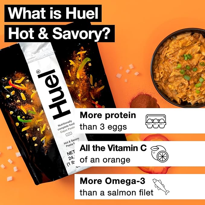 Huel Hot and Savory Instant Meal Replacement - Cajun Pasta - 14 Scoops Packed with 100% Nutritionally Complete Food Including 25g of Protein 6g of Fiber and 27 Vitamins and Minerals