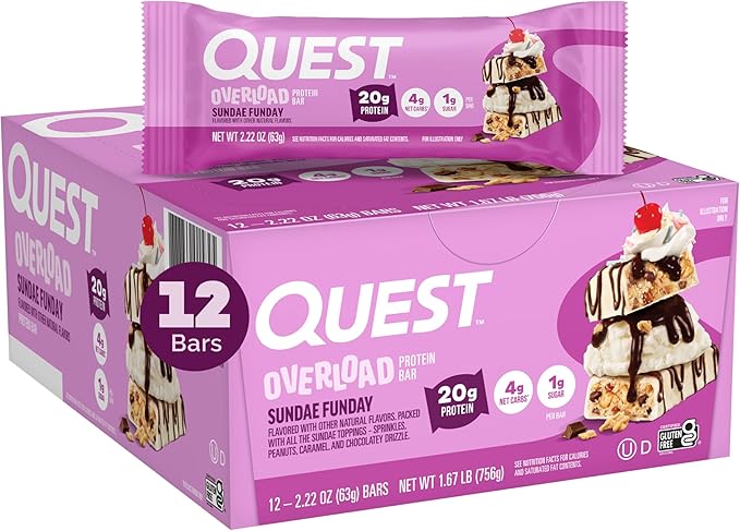 Quest Nutrition Overload Protein Bars Sundae Funday 20g Protein 1g Sugar 4g Net Carbs Gluten Free 12 Count