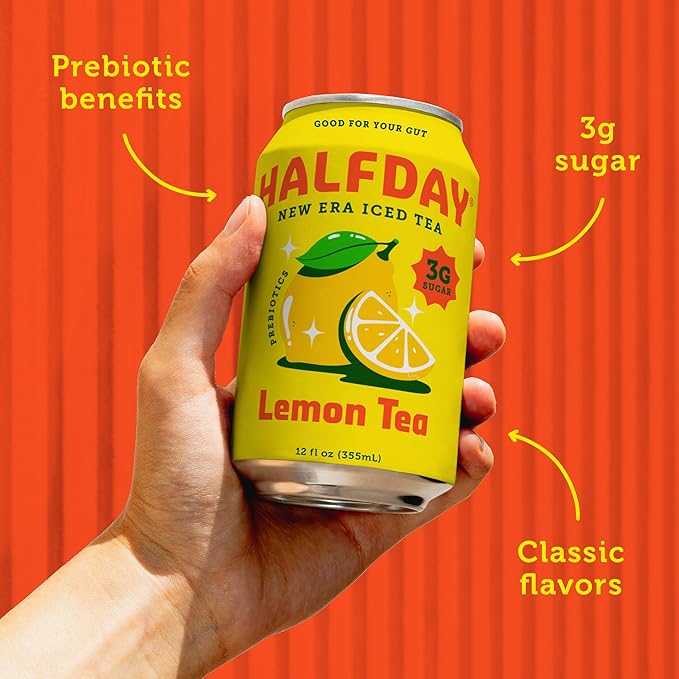 HALFDAY Prebiotic Iced Tea Peach &amp Lemon Variety Pack Supports Digestive &amp Gut Health 6g Plant Fiber &amp Prebiotics 3g of Sugar 35 Calories Real Brewed Tea Natural Caffeine 12 fl oz (
