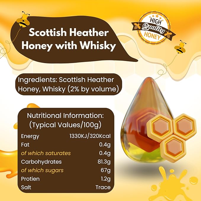 Heather Hills Farm Scottish Heather Honey with Whiskey 340g (12oz) - Highland Heather Honey Infused with Scotch Whiskey Authentic Scottish Food Gift Imported Gourmet Spread Made in Scotland