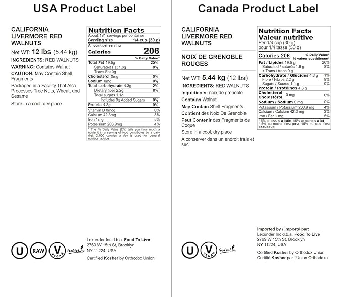 Food to Live - California Livermore Red Walnuts 12 Pounds Raw No Shell Kosher Unsalted Natural Sirtfood Bulk