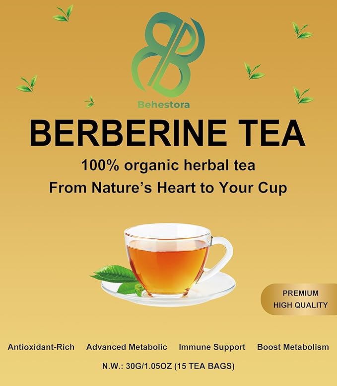 Behestora Berberine Tea is a caffeine-free - Herbal Detox Tea crafted with a blend berberine - cinnamon - turmeric - ginger - red rooibos - 15 Bags