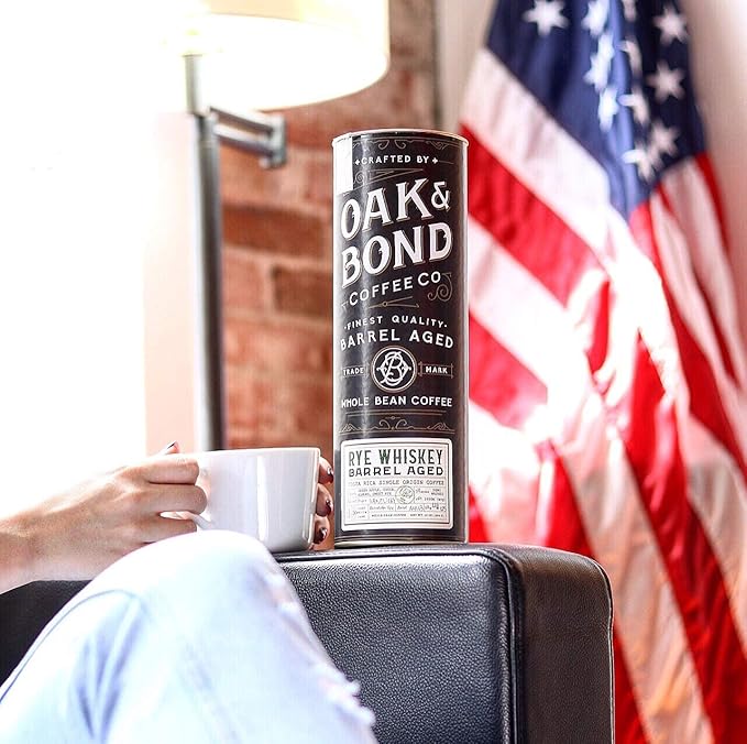 Rye Whiskey Barrel Aged Coffee Costa Rica Single Origin Small Family Farm Whole Coffee Bean Medium Roast w/Flavor Notes of Cocoa Almond Sweet Rye Green Apple by Oak &amp Bond Coffee Co. – 10oz.