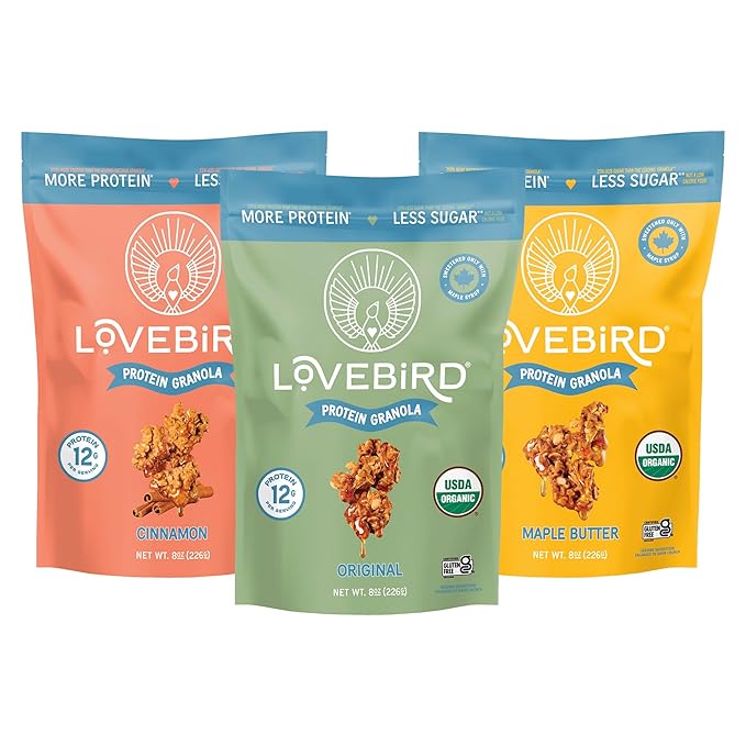 Lovebird Gluten Free Granola - Organic Protein Granola - 7 Real Ingredients - No Refined Sugar &amp Healthy Variety Mix for High Protein Cereal Gut Health USDA Organic - Variety 3 Pack