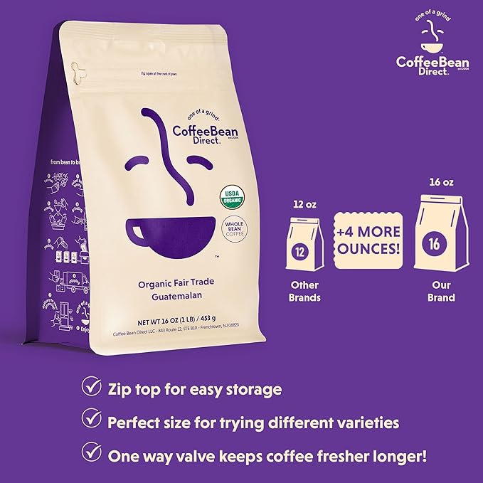 Coffee Bean Direct Organic Fair Trade Guatemalan Whole Bean Coffee Light Roast 1 Pound Bag (Pack of 1)