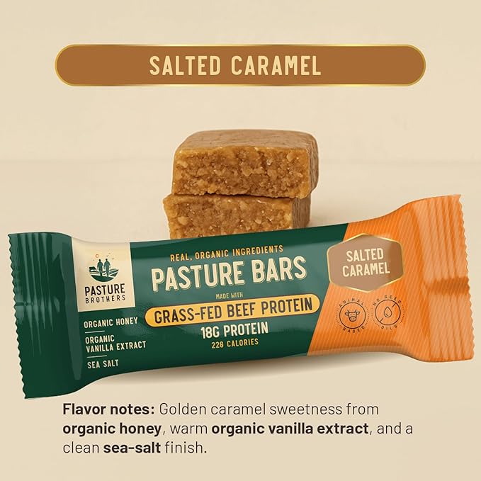 Pasture Brothers Grass-Fed Protein Bars - 18g Protein Seed Oil Free &amp Gluten Free - Clean Energy Snack with Organic Ingredients No Artificials (12-Pack Salted Caramel)