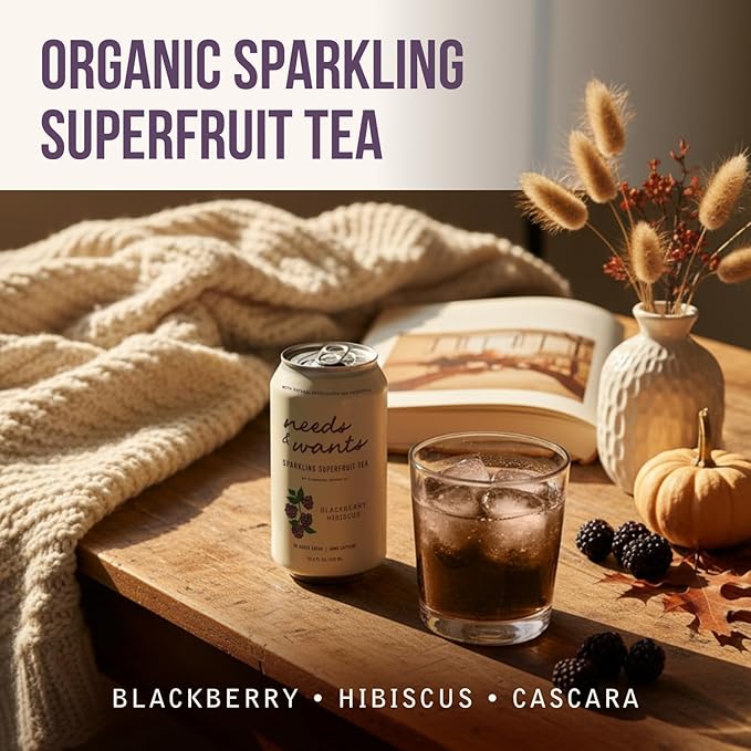 Needs &amp Wants Sparkling Tea - Blackberry Hibiscus 10.5oz Cans (12 Pack) | Organic Superfruit Tea with Cascara Blackberry Juice &amp Hibiscus Lightly Sweet with Notes of Vanilla &amp Cinnamon