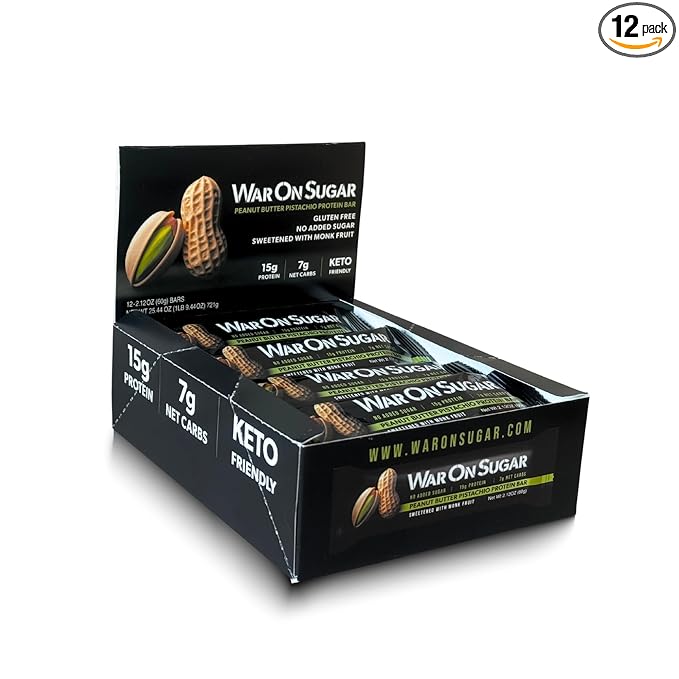 War on Sugar Peanut Butter Pistachio - High Protein Bars No Sugar Added 15g Protein 7g Net Carbs Keto Friendly Gluten Free All-Natural Ingredients Monk Fruit Sweetened No Crash - 12 Count Box