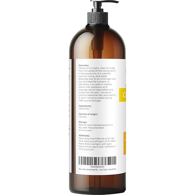 velona Canola Seed Oil 32 fl oz | 100% Pure and Natural Carrier Oil | Refined Expeller pressed | Cooking Dressing Skin Face Body Hair Care | Use Today - Enjoy Results