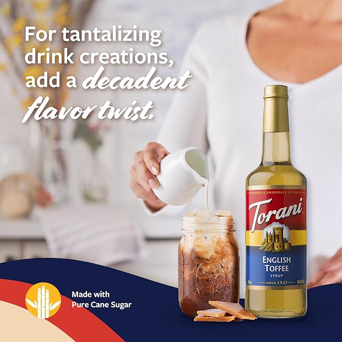 Torani Coffee Syrup English Toffee Flavored Syrup for Drinks Glass Bottle 4-Pack Pumps Included 25.4 Fl Oz Ea