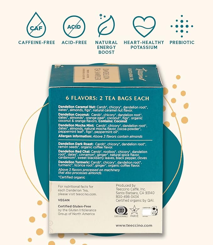 Teeccino Dandelion Tea Sampler - Caramel Coconut Dark Roast Mocha Mint Red Chai Turmeric - Prebiotic Coffee Substitute | Caffeine Free | Gluten Free | Coffee Alternative 12 Tea Bags (Pack of 2)