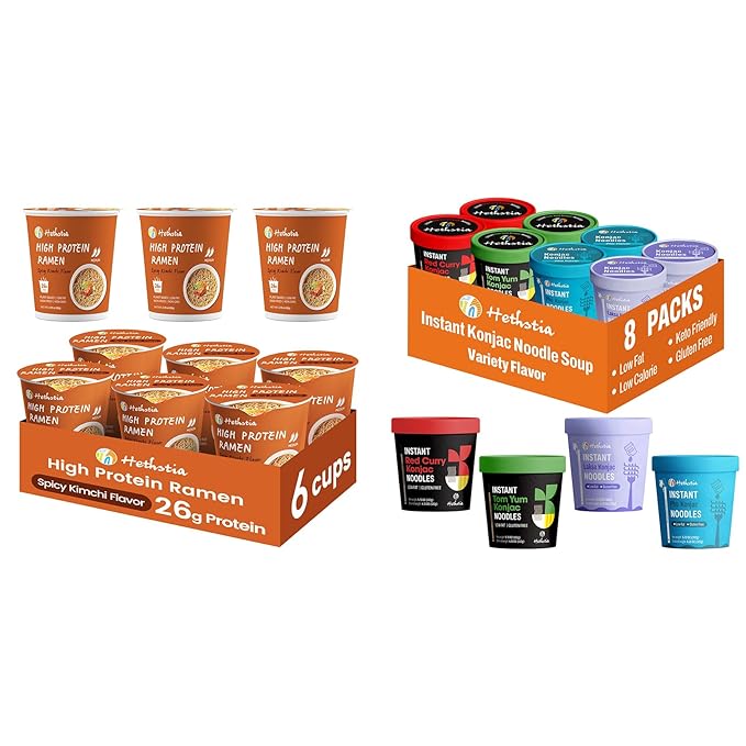 Hethstia High-Protein Ramen Cups &amp Konjac Shirataki Noodle Soup Cups 14 Pack – Pho Spicy Tom Yum Red Curry &amp Laksa Plant-Based Ready-to-Eat Meals