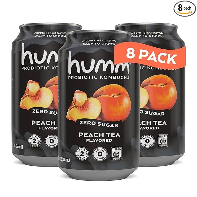 Humm Probiotic Kombucha Zero Sugar Peach Tea No Refrigeration Needed Keto Friendly Organic Vegan Gluten Free 12oz Cans (8 Pack)
