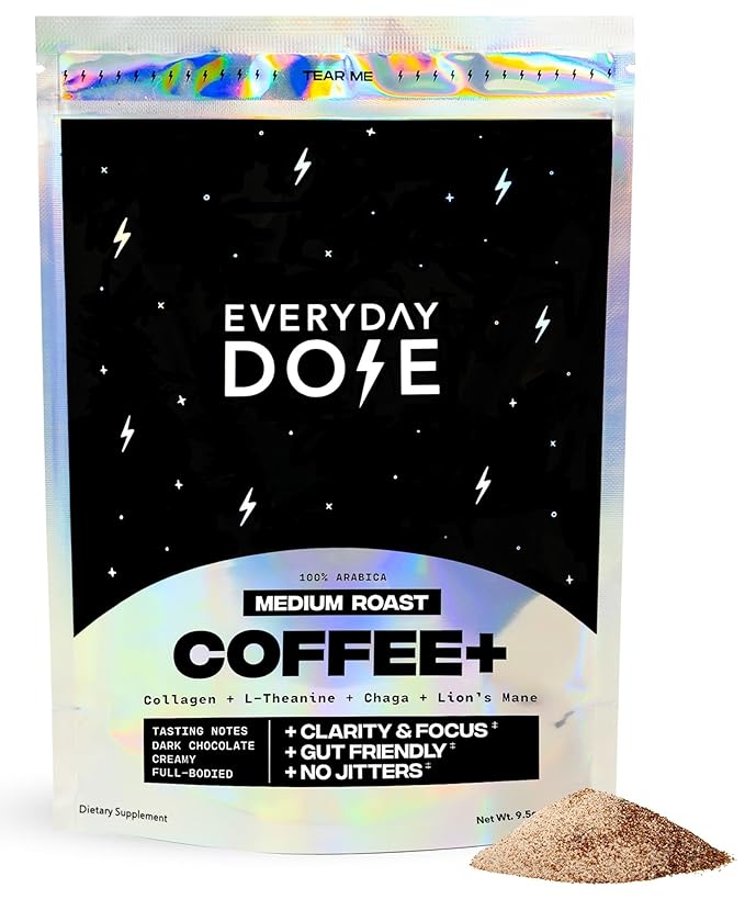 Everyday Dose Bold Medium Roast Mushroom Coffee 90mg Caffeine per serving with Grass-Fed Collagen Chaga Lions Mane &amp L-Theanine for Better Focus Energy Digestion Skin and Immunity 30 Serving