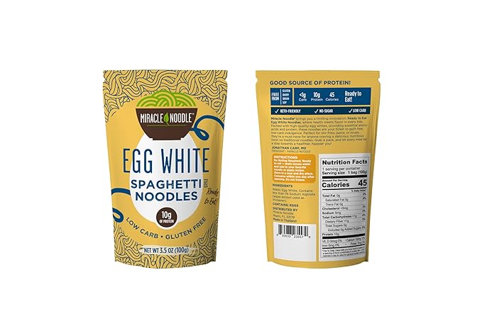 Miracle Noodle Egg White Spaghetti Pasta 3.5 Oz (Pack of 6) Ready to Eat Egg White Noodles 10g Protein 45 Calories 1g Net Carbs Per Serving High Protein Keto Gluten-Free