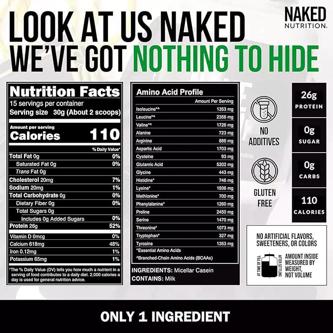 NAKED Casein - 1Lb Micellar Casein Protein - Bulk Zero Carb NSF Certified GMO-Free Gluten Free Soy Free Preservative Free - Stimulate Muscle Growth - Enhance Recovery - 15 Servings