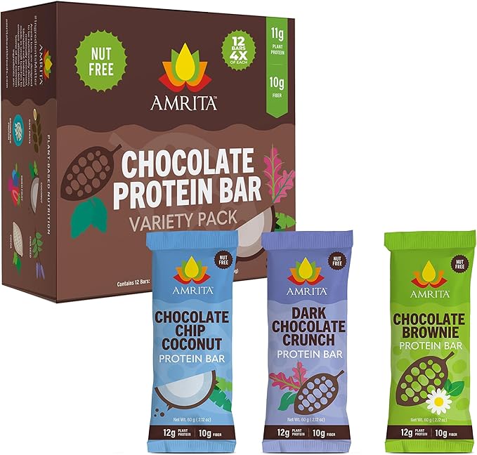 Amrita Nut Free Chocolate Variety Pack Vegan Protein Bars (12 Count) | 12g Plant-Based Protein Bar | Peanut Free Gluten Free and Dairy Free | Low Sugar High Fiber Healthy School-Safe Snacks
