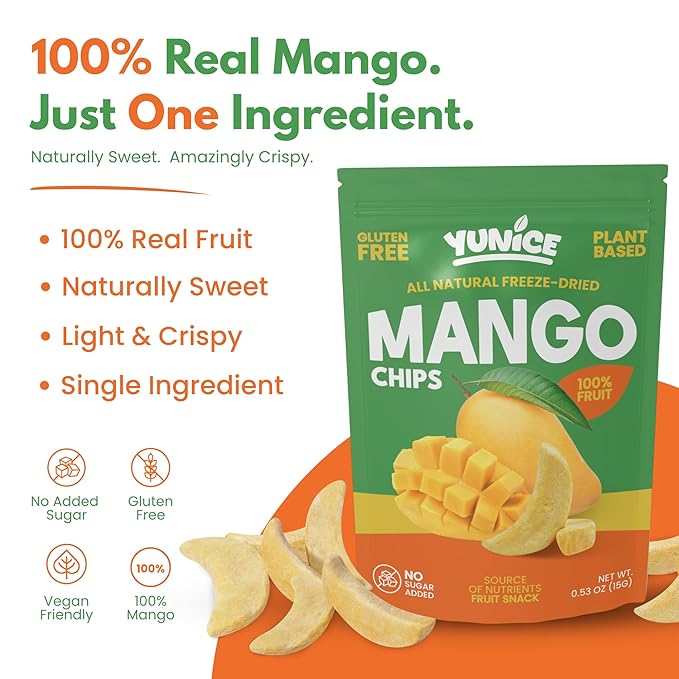 YUNiCE Freeze-Dried Mango Chips 100% Real Fruit Snack Gluten Free Plant Based dried mango no sugar added Crunchy Tropical On-The-Go Snack MANGO 0.70 Ounce (Pack of 12)