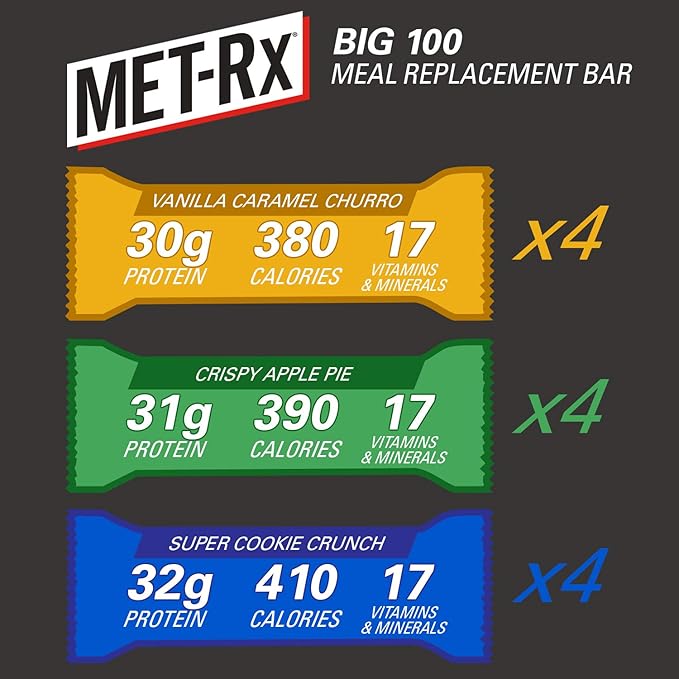 MET-Rx Big 100 Colossal Protein Bars Variety Pack Super Cookie Crunch Vanilla Caramel Churro and Crispy Apple Pie Flavors Brown 12 Count
