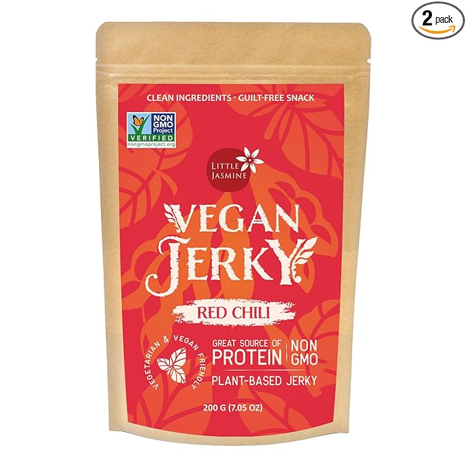 Non- GMO Little Jasmine Vegan Jerky Red Chili Flavor Plant Based Protein Clean Ingredients Made in Taiwan 7.5 oz