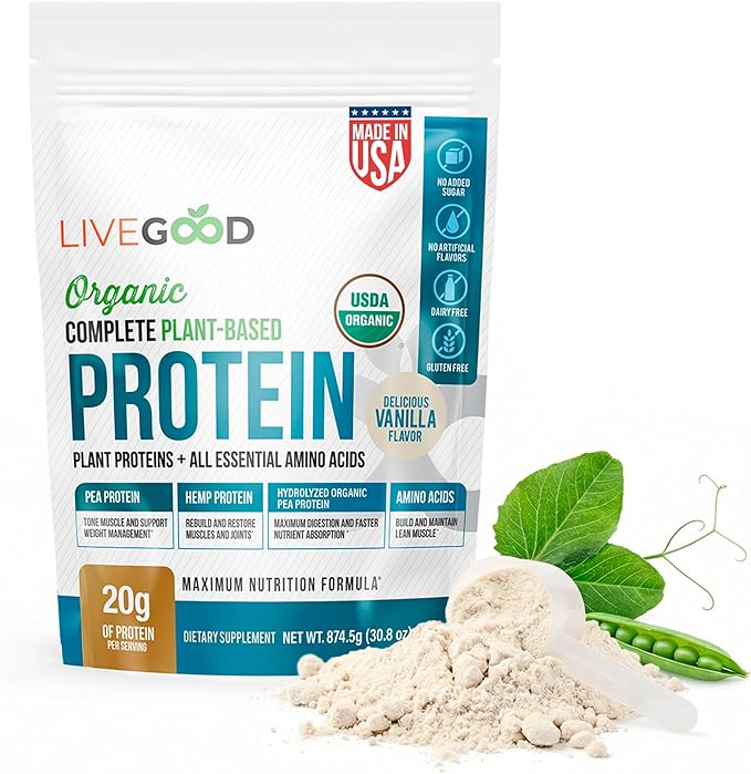 LIVEGOOD Complete Plant Based Protein Powder with Organic Pea Protein and Essential Amino Acids for Muscle Support Recovery Energy and Daily Nutrition Vanilla Protein Supplement (30 Servings)
