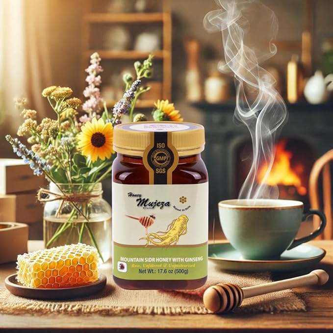 Mujeza Raw Mountain Sidr Honey with Red Korean Ginseng Royal Jelly Bee Propolis Palm Pollen Black Seed Powder 500g/17.6oz - Immune Booster Sugar &amp Gluten Free - Men &amp Women - Mujezat Al-Shifa