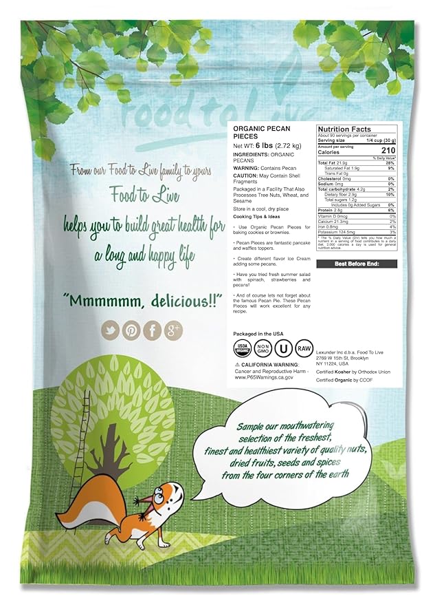 Food to Live Organic Pecan Pieces 6 Pounds – Raw Chopped Pecans Non-GMO Unsalted Unroasted Kosher Shelled Vegan Keto Sirtfood Bulk. Good Source of Iron and Calcium. Best for Baking.
