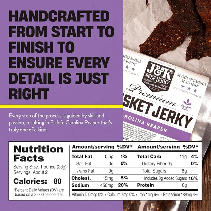 J&ampK Jerky Carolina Reaper Beef Brisket Jerky - Small Batch American Made Slab Beef Jerky's Spicy and Savory Snack with a Kick - Bold &amp Flavorful Snack! - 7oz Big Bag of Jerky's