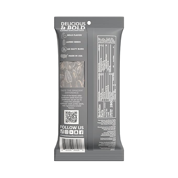 SMACKIN' Sunflower Seeds Roasted Jumbo Small-Batch American Made - Cracked Pepper. 1.5oz bags (36 Pack)