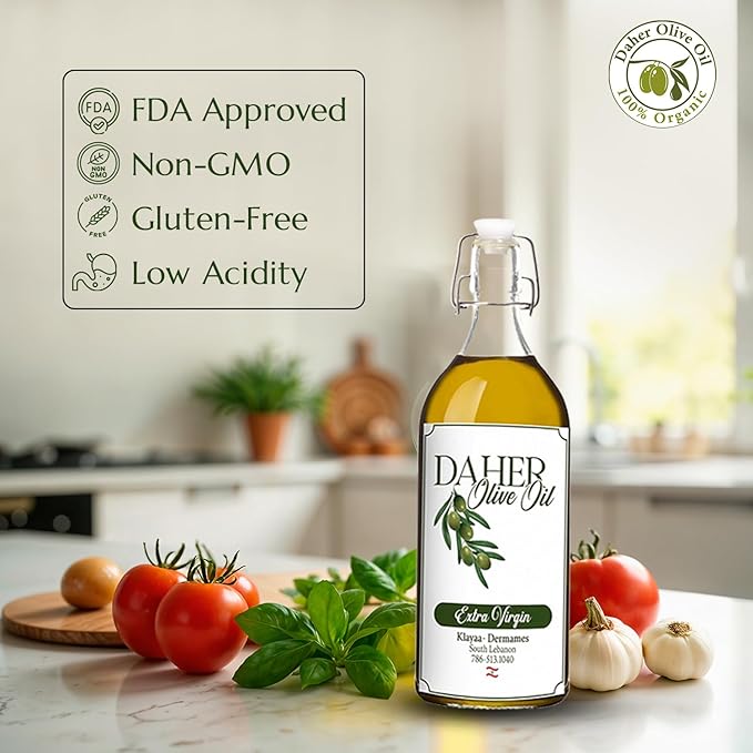 Daher Olive Oil - 33.8 FL OZ - Premium Organic Extra Virgin - Cold Pressed - Southern Lebanon Region - Low acidity rich in polyphenols for gourmet cuisine