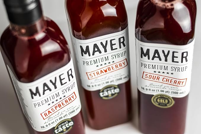 Mayer Strawberry Raspberry Sour Cherry Syrups – Award-Winning Crafted with 100% Real Fruits and 3 Natural Ingredients Vegan Gluten Free Dairy Free Versatile for Beverages &amp Desserts – No Ar