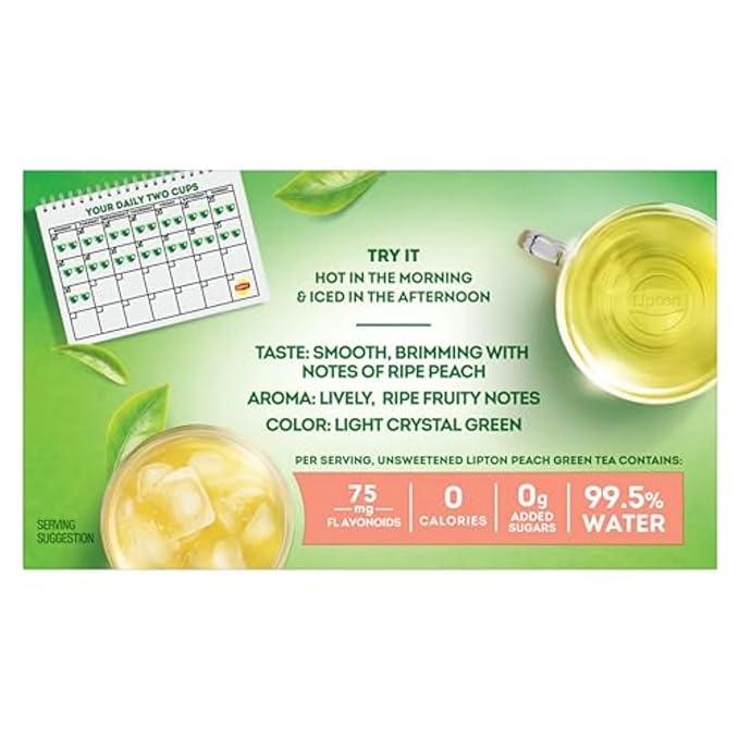 Lipton Peach Green Tea Bags Flavored Unsweetened Teabags for Hot Tea or Peach Iced Tea with Caffeine and Flavonoids 120 Total Tea Bags (20ct - Pack of 6)