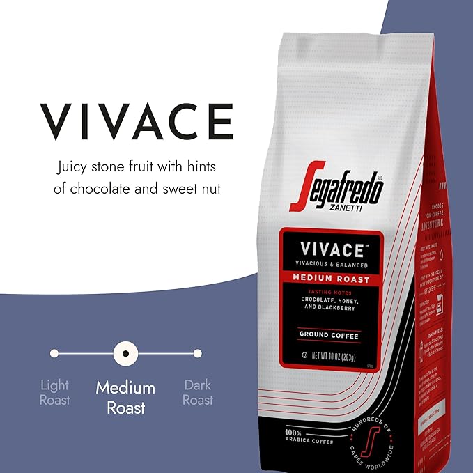 Segafredo Zanetti Ground Coffee – Made with Arabica Coffee – Medium Roast Balanced with Smooth Acidity – Colombian &amp Brazilian Blend – Vivacious Medium Body – Vivace 10oz Bag Pack of 6