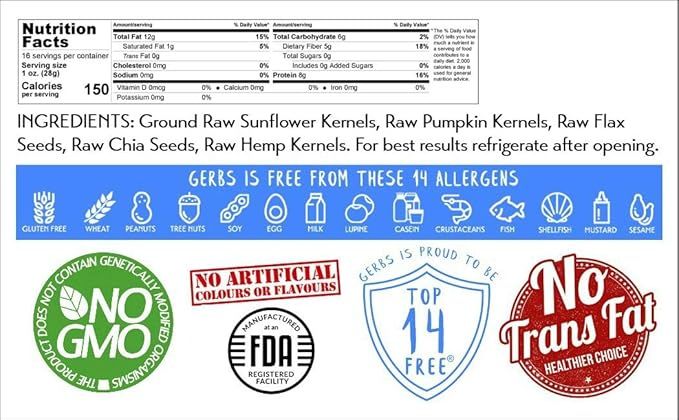 Gerbs Super 5 Seed Meal 1 lb. | Finely Ground No Artificial Additives Resealable Bag | Hearty &amp Nutty Texture for Baking &amp Smoothies | Top 14 Allergen-Free