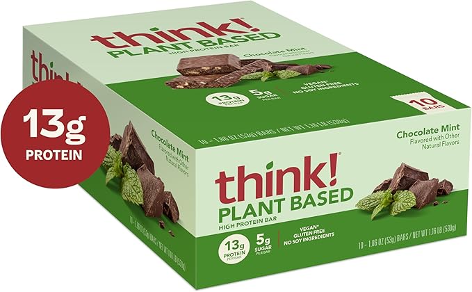 think! Vegan/Plant Based High Protein Bars - Chocolate Mint 13g Protein 5g Sugar No Artificial Sweeteners Non GMO Project Verified 10 Count (Packaging May Vary)