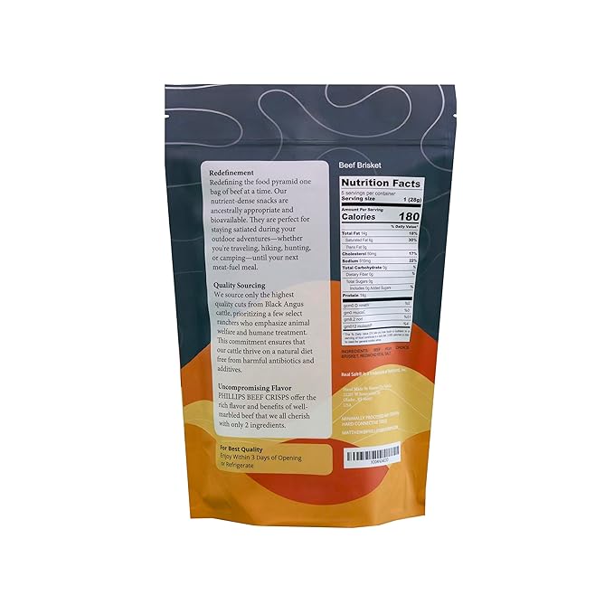 Phillips Beef Crisps - Fatty Brisket - Only Beef &amp Salt - Zero Carbs - Zero Sugar - High Protein Meat Snacks - 14g Protein