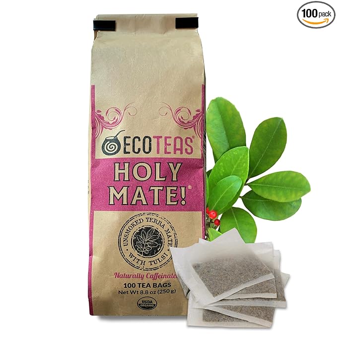 ECOTEAS Holy Mate! Organic Yerba Mate Tea Bags with Tulsi &amp Mint – Natural Energy Detox Herbal Tea Stress Support – Kosher Non-GMO Gluten-Free - 100 Bulk Bags 8.8 oz (Pack of 1)