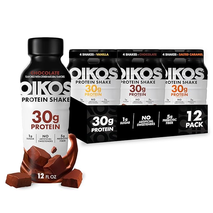 Oikos Protein Shake Exclusive Variety Pack 30g High Protein Drinks Shelf Stable Ready to Drink 5g Prebiotic Fiber 12 fl oz Bottle (4 ct Chocolate 4 ct Vanilla 4 ct Salted Caramel)