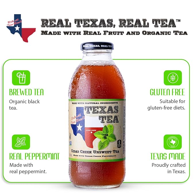 Texas Tea Cedar Creek Unsweet Tea Real Brewed Black Tea with Refreshing Peppermint Flavor Non GMO No Preservatives Crisp Unsweetened Texas Brewed Tea 16 fl oz Pack of 12