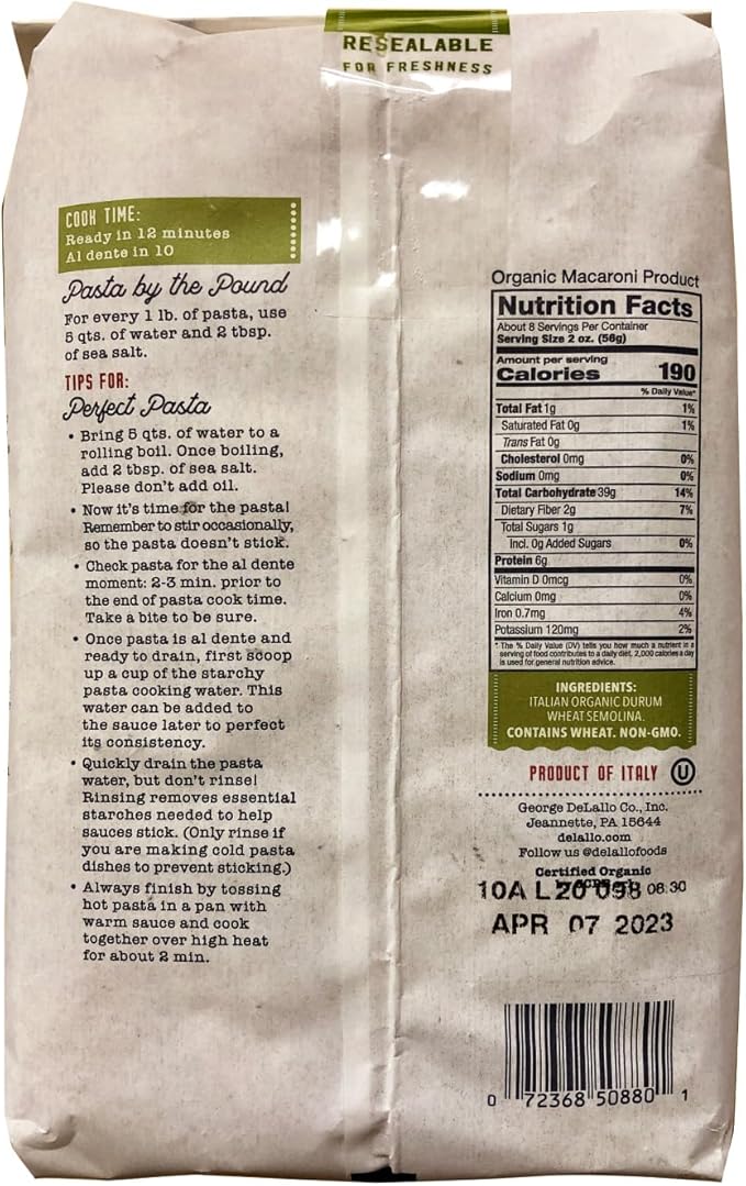 DeLallo Organic Farfalle Pasta Made with Only 100% Semolina Durum Wheat Flour Bronze Cut Made in Italy Kosher Vegan Non-GMO Bow-Tie Pasta Shape (16 Pack)