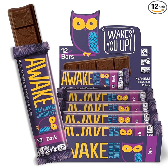 Awake Caffeinated Chocolate Bars - Dark Chocolate 12 Bars - 100mg Caffeine - 1 Bar Equals 1 Cup of Coffee - Individually Wrapped Energy - Fairtrade Gluten Free Non GMO Kosher - 1.34oz