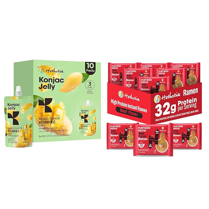 Hethstia Protein Ramen Spicy Beef Flavor 6-Pack and Konjac Jelly-Mango Flavor Drinkable Snack 10-Pack Squeeze Pouches