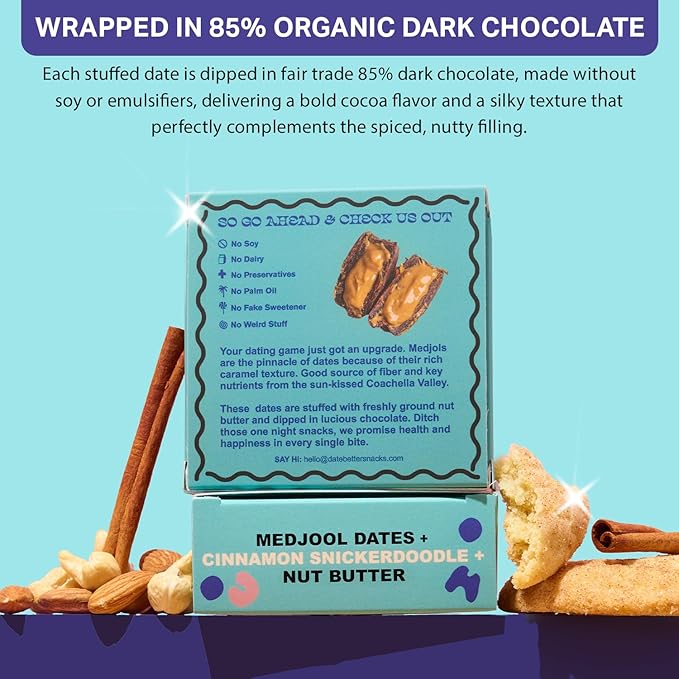 Date Better Snickerdoodle Cookie Stuffed Medjool Dates - Dark Chocolate-Covered Dates Filled With Cinnamon-Spiced Almond Butter | No Artificial Sweeteners Gluten-Free &amp Vegan (6-Pack)
